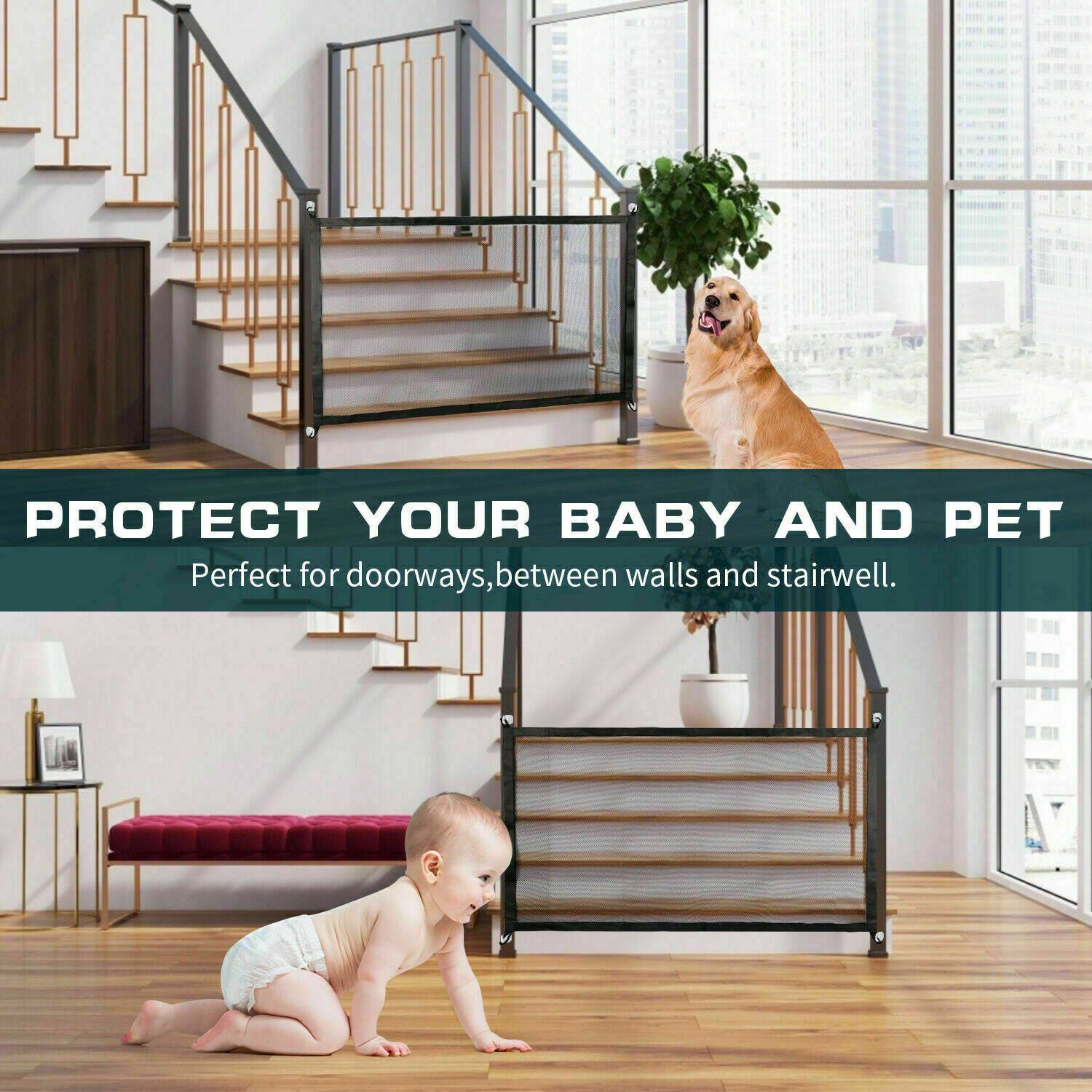 Safety Gate Mesh Fence Magic Portable Guard Net Stairs Doors